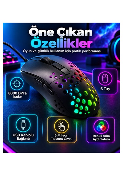 8000 Dpı Kablolu Oyuncu Mouse 6 Tuşlu Renkli Aydınlatmalı Usb Gaming Mouse Delikli 001