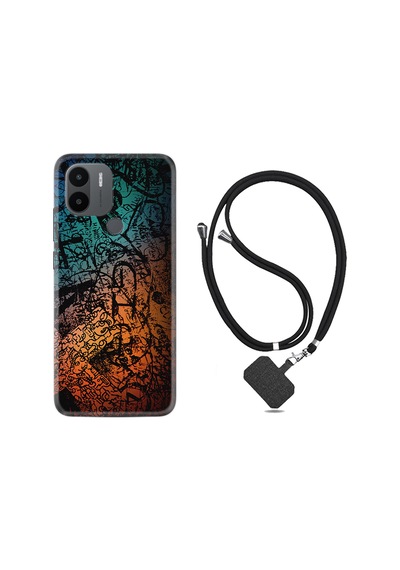 Xiaomi Redmi A1 Kılıf İpli Boyun Askılı Desenli Silikon İşaretler Tuval 1716