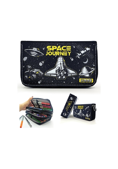 Kalem Kutusu Siyah Mekik Space Kawai Organizer Kalemkutu Vegan Deri Üç Bölmeli Kalemlik Siyah Siyah