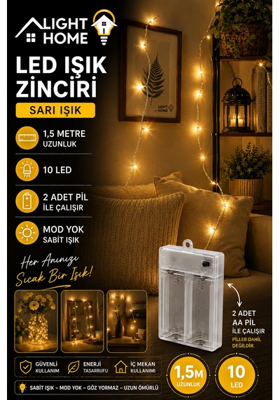 Kablolu Led Işık Zinciri Gün Işığı Dekoratif Led Aydınlatma Oda Duvar Yatak Odası Parti Yılbaşı Süsü 1,5 Metre 10 Led Sarı