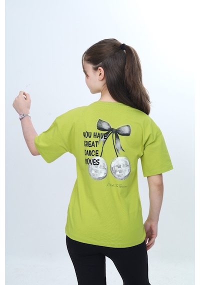 Toontoy Kids Toontoy Kız Çocuk Bisiklet Yaka Düşük Omuz Kısa Kollu Baskılı Tişört 24973 Yeşil