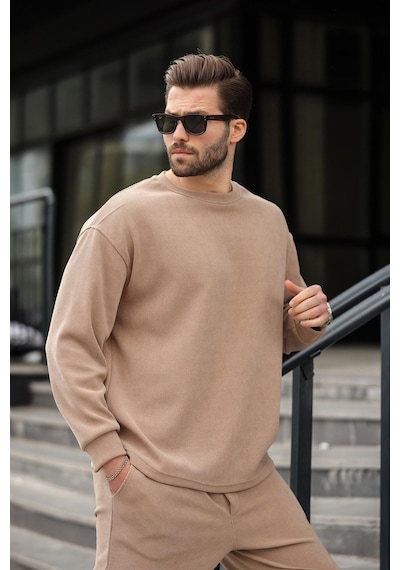 Madmext Camel Bisiklet Yaka Erkek Kadife Takım E7337 Camel