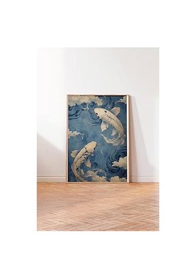 Mavi Tonlarda Koi Balıkları Ve Japon Dalgaları Temalı Ahşap Çerçeveli Tablo, 30 X 40 Cm