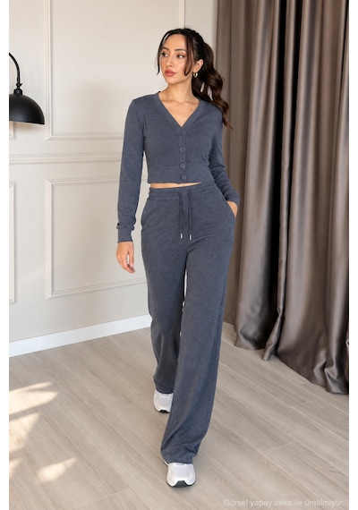Polo State Kadın Cupra V Yaka 4 Düğmeli Crop Hırka Ve Bol Paça Pantolon - Lacivert