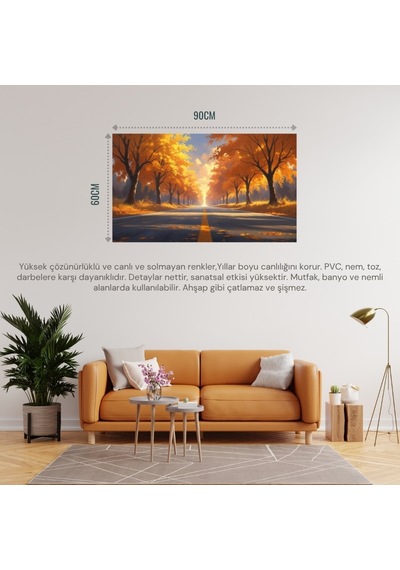 Doğa Ve Manzara Yatay Sonbahar Ağaçlarının Arasında Ufka Doğru Uzanan Yalnız Yol 04 Çerçevesiz 90x60cm Pvc Tablo