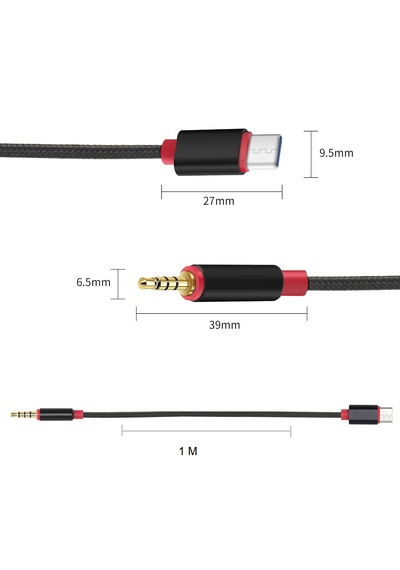 Type-c - 3.5mm Aux Ses Kablosu, Örgülü Kulaklık Kablosu, Mikrofon Destekli Araç Ve Telefon Ses Aktarım Kablosu, 1 Metre Siyah/kırmızı