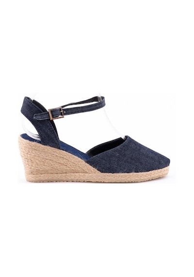 Star Tombis Gerçek Elişi Topuğu Açık Bilekten Bantlı Dolgu Topuk Kot Mavi Keten Hasır Espadril Handmade Koyu Mavi