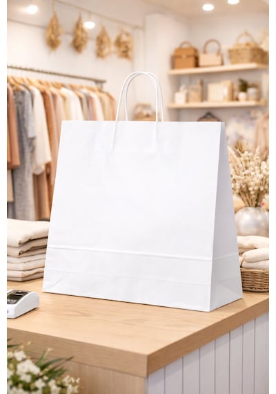Burgu Saplı Kraft Çanta Beyaz Kağıt Poşet Butik Mağaza Hediye Tatlı Torbası 40x16x48 Cm 50li