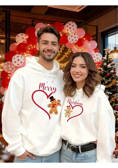 Nevermind Sevgili Kombini Hoodie Merry Christmas Baskılı Çift Kapüşonlu S Beyaz