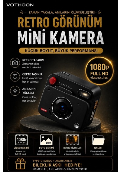 Nostaljik Tasarımı Retro Görünüm Kare Mini Foto Video Kamera 1080p Full Hd 32gb Kart li