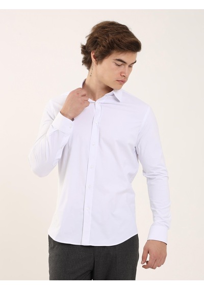 Dufy Beyaz Erkek Slim Fit  Klasik Yaka Uzun Kol Gömlek - 88164 Beyaz
