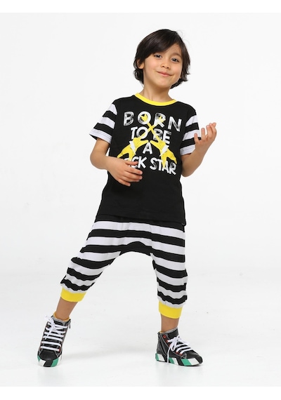 Casabony Rocker Çizgili Kapri - T-shirt Takım - Siyah - Beyaz Beyaz - Siyah