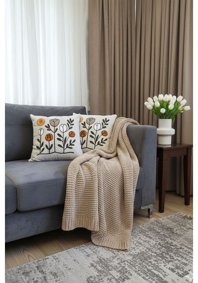 Punch İşlemeli Modern Tasarım Dekoratif 2'li Kırlent Kılıfı Nakışlı Keten 43x43 Cm Çiçeklilalelimodel