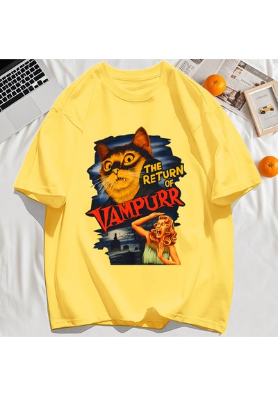 Startmore Y2k Vintage Tişört Tee Büyük Bir Kedi Ve Dişleri Baskıla Sarı