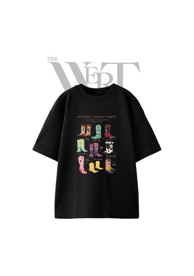 Thewert Cowboy Boots Tasarım Baskılı Ünisex Siyah Oversize T-shirt
