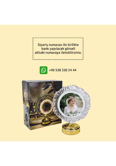 Abajur Yatak Odası İçin Led Işıklı Fotoğraflı Çerçeve Kristal Yuvarlak Kişiye Özel Resimli Abajür Altın