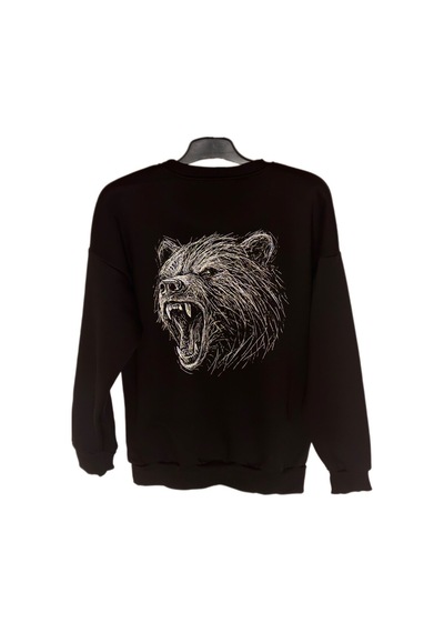 Dark Line Bear Sırt Baskılı %100 Pamuk Unisex Siyah Oversize Sweatshirt Siyah