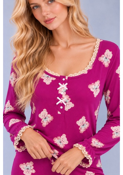 Pijamask Kadın Desenli Dantel Detaylı Fiyonk Ve Düğmeli Uzun Kollu Pijama Takımı Mor-9