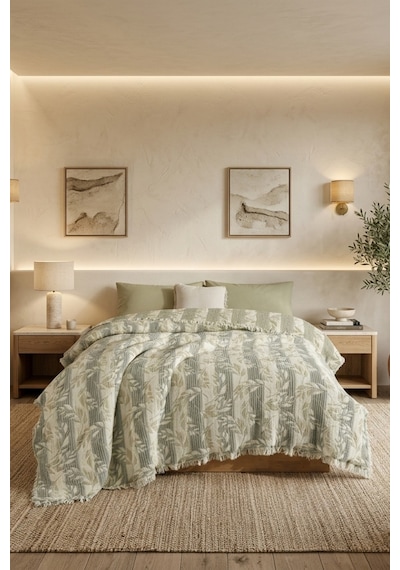 Nuvia 5 Kat Dolgulu Müslin Çift Kişilik Yatak Örtüsü %100 Pamuk Jakar Dokulu 220x240 Cm Yeşil