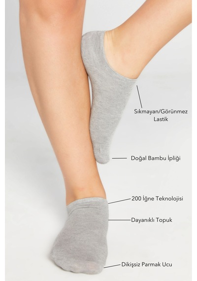 Bamboo Star Bambu Kadın Sneaker Gri Çorap Dikişsiz Bilekte Görünmez Spor Çorap Premium 4 Lü Paket