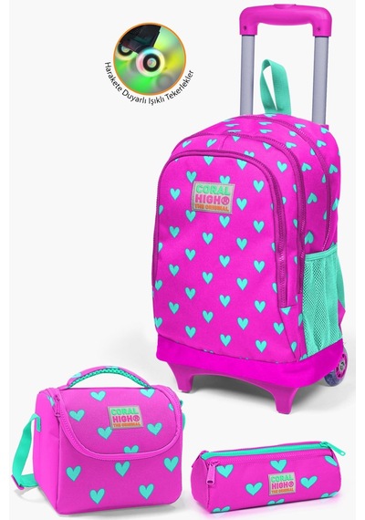 Coral High Kids Neon Pembe Su Yeşili Kalp Desenli Çekçekli 3'lü Çanta Seti Set0123133