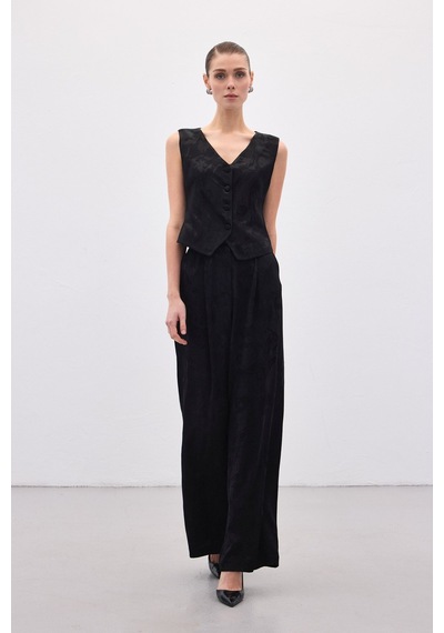 Sateen Jakarlı Bol Pantolon - Siyah-136818 siyah