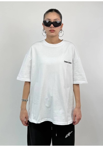 Zaee Money Never Cheats Taşlı Oversize Tişört Beyaz