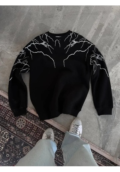 Efnaz Style Yıldırım Baskılı Bisiklet Yaka Sweatshirt - Siyah