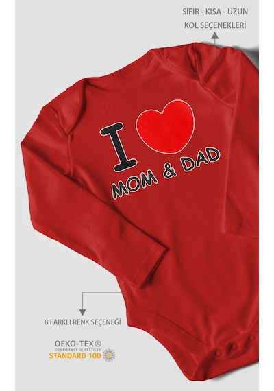I Love Mom And Dad Baskılı Bebek Zıbını Çıtçıtlı Body %100 Pamuk Uzun Kol Kırmızı