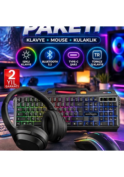 Işıklı Türkçe Q Klavye Ve Mouse Seti + Bluetooth 5.2 Type-c Kulaklık Oyuncu Paketi