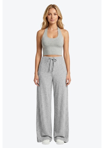 Cottonhill Gri Melanj Viskon Basic Yüksek Bel Bol Paça Bağcıklı Kadın Pantolon Cottonhill Gri Melanj Viskon Basic Yüksek Bel Bol Paça Bağcıklı Kadın Pantolon