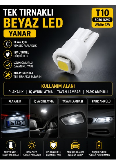 Universal T10 5050 1smd Tek Tırnaklı Beyaz 12v Led Ampul -