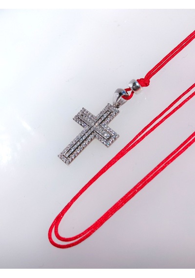925 Ayar Gümüş Zirkon Taşlı Kırmızı İp Haç Tasarım Choker Kadın Kolye