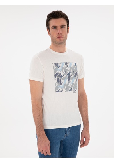 Beyaz Slim Fit Bisiklet Yaka Baskılı T-shirt