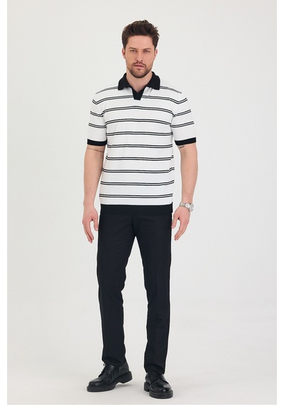 Cool Tarz Erkek Polo Yaka Beyaz Çift Çizgi Detaylı Siyah Triko T-shirt Beyaz Beyaz