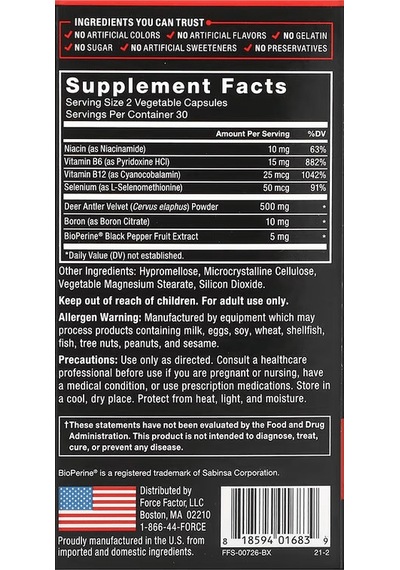 Force Factor, Deer Antler Velvet Testo Igf-1 , 60 Capsules