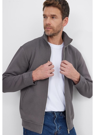 Tudors Unisex Relax Fit Rahat Kesim Pamuklu 3 İplik İçi Polarlı Fermuarlı Cepli Gri Sweatshirt Hırka-41678 Koyu Gri