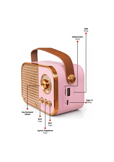 Nostaljik Bluetooth Hoparlör Bluetooth 5.2 Usb & Tf Kart Destekli Led Taşınabilir Speaker Pembe