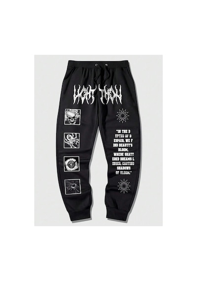 Tarzsokak Goth Guys Slogan & Skull & Spider Graphic Drawstring Waist Eşofman Altı Siyah