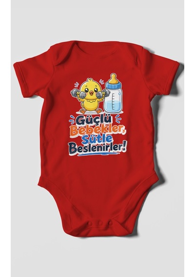 Morivokids Güçlü Bebekler Sütle Beslenir Kısa Kollu Bebek Body %100 Pamuk Kırmızı