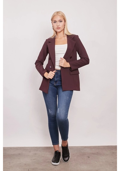 Kadın Düğme Detaylı Uzun Kol Şık Ofis Süs Cep Kapaklı Kumaş Blazer Ceket-mürdüm Mürdüm