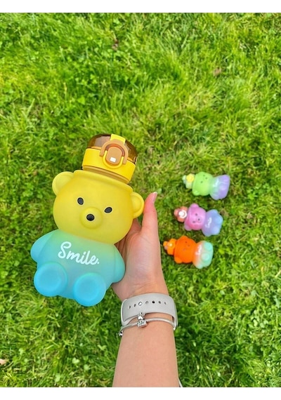 Smile Ayıcıklı Renkli 800 Ml Matara Su Şişesi Tritan Bpa Içermez Sticker Hediyeli Pembe Plastik Diğer