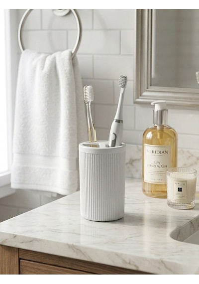 5 Li Lüx Banyo Aksesuar Seti Kapaklı Çöp Kovası, Sabunluk, Diş Fırçalık, Dekoratif Yuvarlak Beyaz