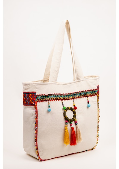 Fabric Craft Bag Omuz Çanta Bohem Detaylı Krem Kanvas 45x40 Cm Astarlı Günlük Çanta