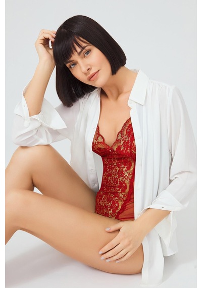 Cottonill Kırmızı Çıtçıtlı Dantelli Transparan Balensiz Bodysuit