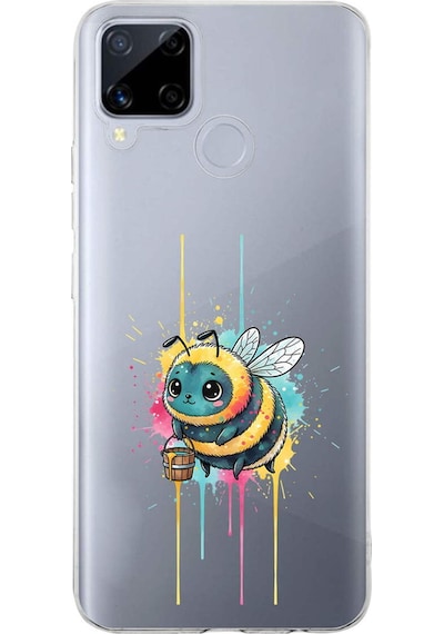 Realme C15 İle Uyumlu Splash Arı Tasarımlı Şeffaf Silikon Kılıf Şeffaf