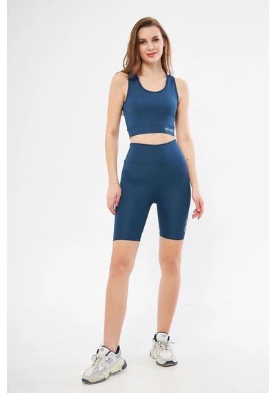 Lesa Wear Yüksek Bel Likralı Toparlayıcı Kısa Şort Tayt Crop Takım Mavi