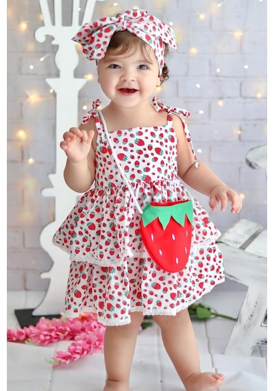 Mnk Baby & Kids Mnk Çantalı Çilek Elbise Kırmızı