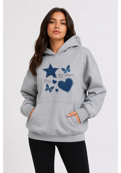 Herkesemoda Kot Efektli Baskılı Kapüşonlu 2 İplik Şardonlu Sweatshirt Gri