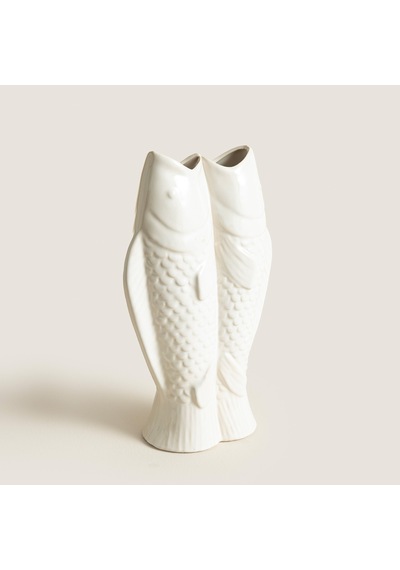 Çift Balık Figürlü Beyaz Stoneware Vazo Natural
